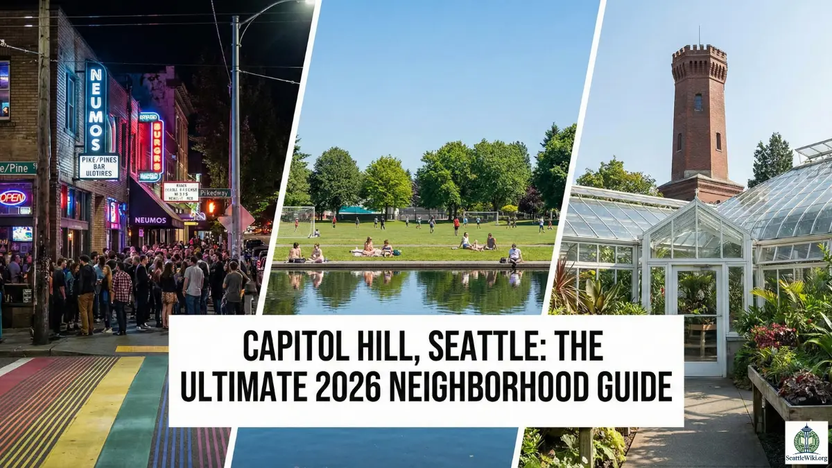 Capitol Hill Seattle, Things to do in Capitol Hill Seattle, Pike Pine nightlife, Cal Anderson Park events, Capitol Hill restaurants, Living in Capitol Hill, Capitol Hill, Seattle Neighborhoods, Nightlife, LGBTQ, Cal Anderson Park, Pike/Pine, Volunteer Park, Travel Guide, 2026, Capitol Hill Seattle rainbow crosswalk on Broadway, Cal Anderson Park reflecting pool sunny day, Volunteer Park water tower view of Space Needle, Neumos music venue exterior night, Dick's Drive-In Broadway line of people, Elliott Bay Book Company interior wood beams, Jimi Hendrix statue Seattle, Pike Pine corridor nightlife crowd, Capitol Hill light rail station plaza, Volunteer Park Conservatory glasshouse