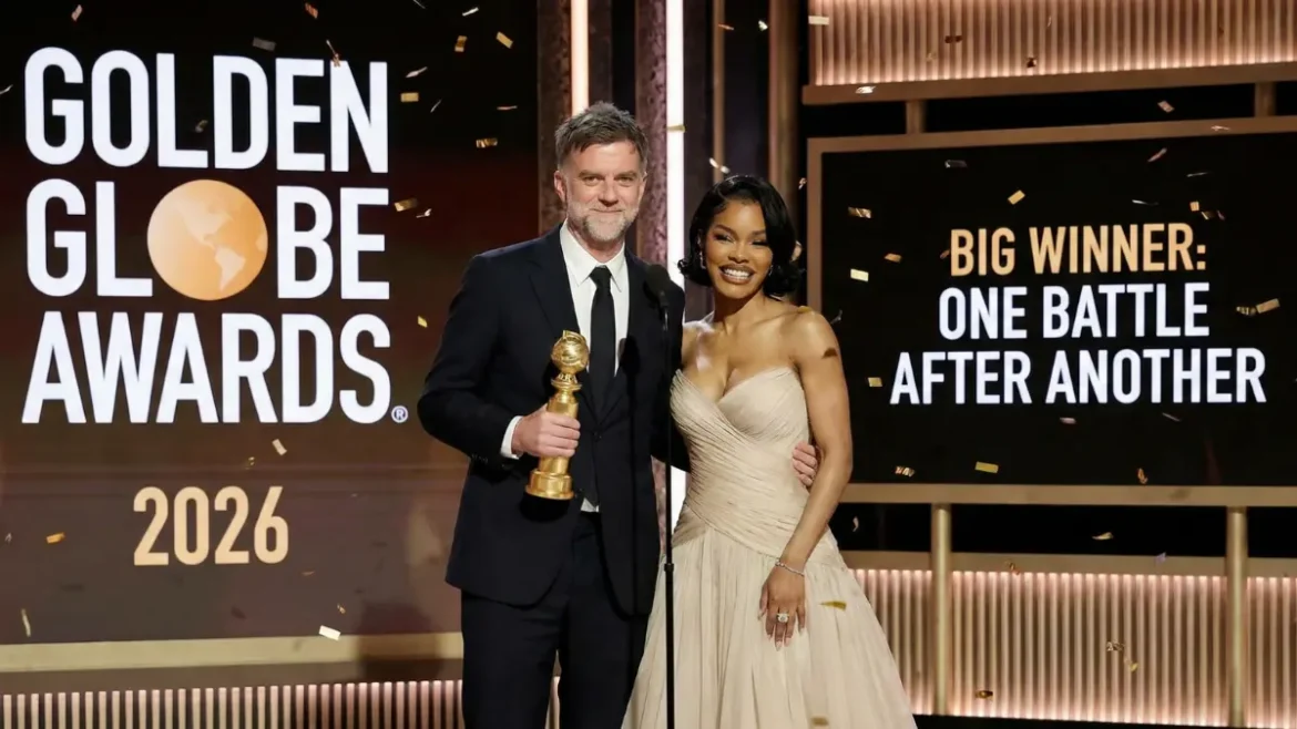 Paul Thomas Anderson holding Golden Globe trophy 2026, Teyana Taylor red carpet dress Golden Globes, cast of One Battle After Another on stage, Nikki Glaser hosting Golden Globes 2026, Ryan Coogler acceptance speech Sinners movie, Golden Globe winners list graphic 2026, Timothée Chalamet winning best actor, Paramount Plus Golden Globes streaming logo