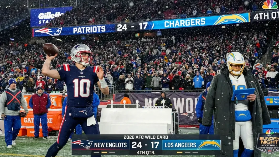 Patriots vs Chargers, Drake Maye throwing football in snow 2026, Justin Herbert Chargers uniform away game, Gillette Stadium scoreboard wild card round, Seattle sports bar viewing party NFL, New England Patriots vs Chargers graphic, NBC King 5 logo Seattle, NFL playoff bracket 2026 updated