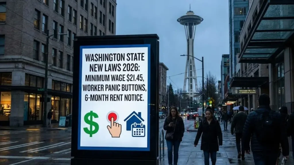 Washington State new laws 2026, Washington State Laws, Minimum Wage 2026, Seattle News, Tenants Rights, Labor Laws, Panic Button Law, HB 1524, Traffic Safety, Washington State Capitol building Olympia, Seattle minimum wage poster 2026, panic button device for janitors, construction zone speed camera sign WA, renter reading lease agreement, no styrofoam symbol, Washington State ferry crossing Puget Sound