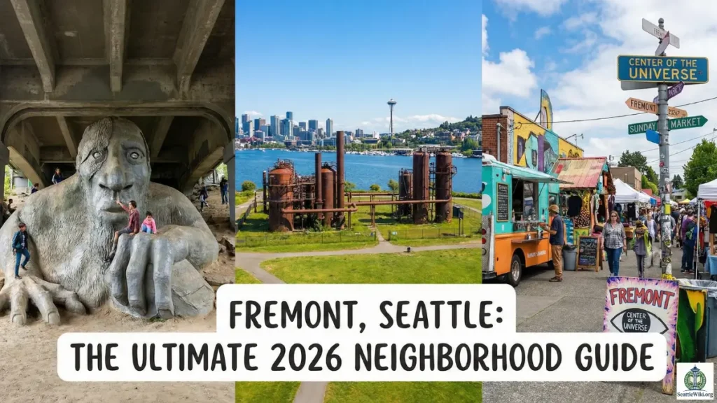 Fremont Troll, Gas Works Park, Fremont Sunday Market, Center of the Universe Seattle, Things to do in Fremont, Fremont, Seattle Neighborhoods, Fremont Troll, Gas Works Park, Breweries, Public Art, Travel Guide, 2026, Tech Hub, Fremont Troll sculpture under Aurora bridge with people climbing, Gas Works Park skyline view with industrial structures, Fremont Sunday Market crowds and vintage stalls, Lenin statue in Fremont, Fremont Rocket landmark on building, Fremont Brewing outdoor beer garden packed with people, naked cyclists at Fremont Solstice parade, Waiting for the Interurban statue dressed up., Fremont seattle