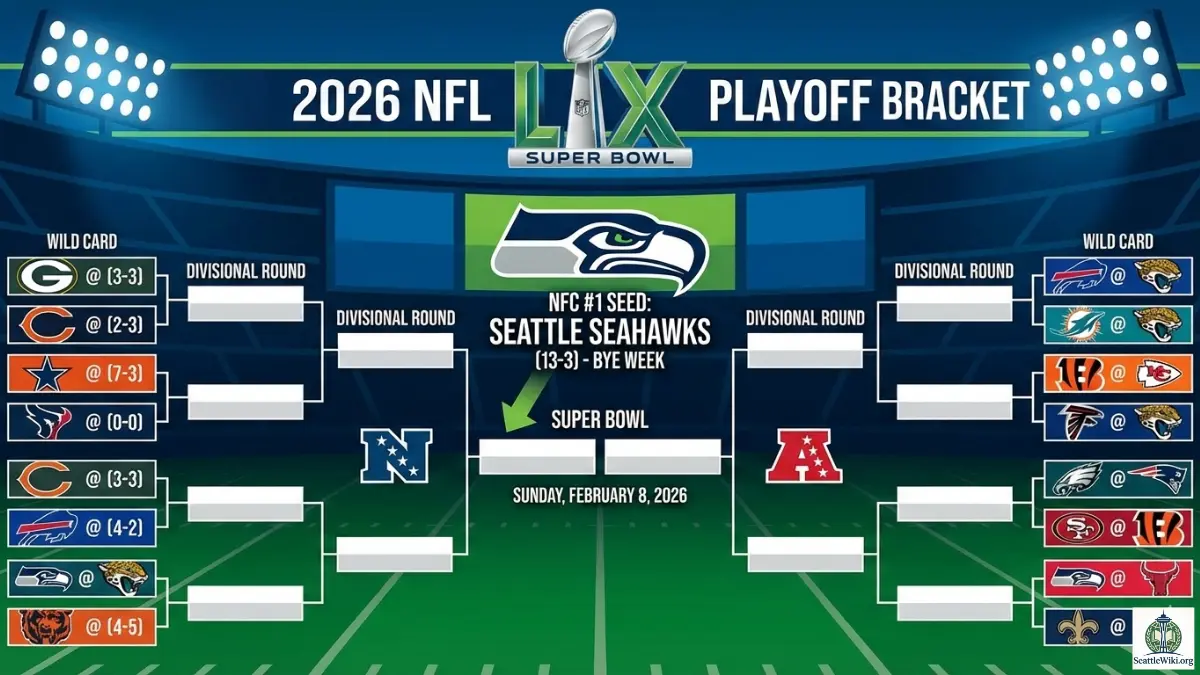 nfl playoff bracket, nfl playoff schedule 2026, playoff picture nfl, nfc playoff bracket, NFL Playoff Bracket, Seahawks Playoffs, Super Bowl 2026, Wild Card Weekend, NFC West, NFL Schedule, Washington Sports, 2026 Playoffs, NFL playoff bracket 2026 visualization, Seattle Seahawks number 1 seed graphic, Super Bowl LX logo 2026, NFL wild card weekend schedule 2026, NFC playoff picture standings, Levi's Stadium Super Bowl 2026 location, Seattle Seahawks fans at Lumen Field, playoff bracket nfl tree, afc playoff picture 2026