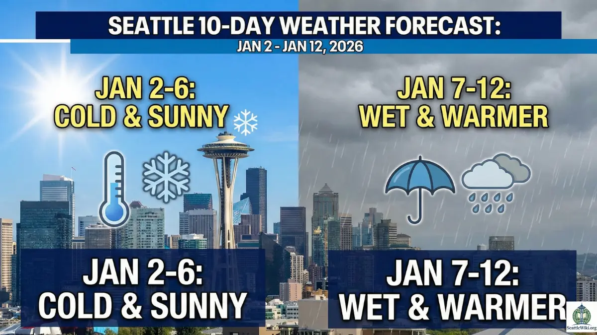 Seattle skyline with blue sky winter, frost on car windshield Seattle, rainy street in Capitol Hill, weather forecast graph Jan 2-12, Space Needle in fog, Seattle ferry in rain, thermometer showing 32 degrees, people walking in rain gear Seattle, wet road I-5 traffic, sunny winter day at Gas Works Park