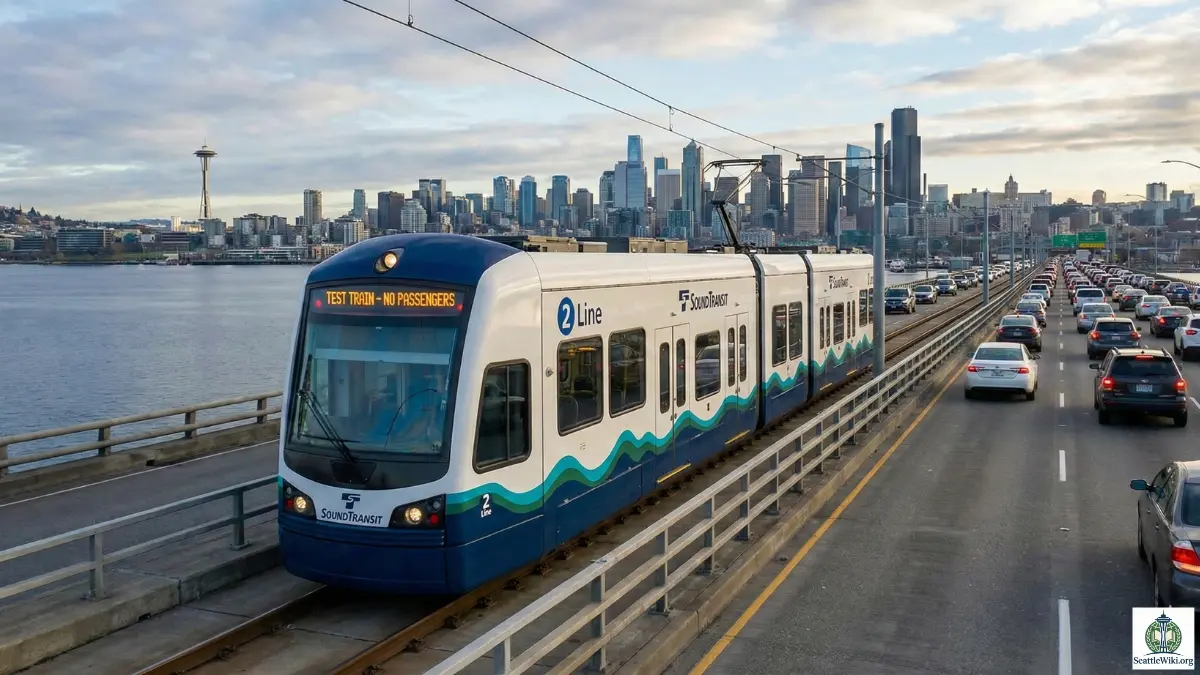 Sound Transit 2 Line train on I-90 floating bridge, empty light rail interior simulated service, Judkins Park station 2026, Mercer Island light rail station exterior, map of East Link route, construction workers monitoring track bridge, breakdown of simulated service timeline, 2 Line train merging at International District tunnel, Seattle skyline from light rail train, traffic on I-90 next to train, Sound Transit, 2 Line, East Link, Light Rail, I-90 Bridge, Commute, Infrastructure, Breaking News