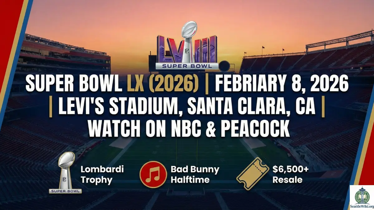 Super Bowl LX logo 2026, Levi's Stadium Santa Clara exterior, Bad Bunny Super Bowl halftime show, NBC Super Bowl broadcast, Super Bowl 2026 tickets, NFL Lombardi Trophy, football fans at Levi's Stadium, Super Bowl 60 banner, Super Bowl kickoff time infographic, San Francisco Bay Area Super Bowl map, Super Bowl 2026, Super Bowl LX, NFL, Levi's Stadium, Bad Bunny Halftime Show, NBC Sports, Super Bowl Date, Sports Events, Super Bowl LX date and location, Super Bowl 2026 halftime show Bad Bunny, Super Bowl 60 tickets price