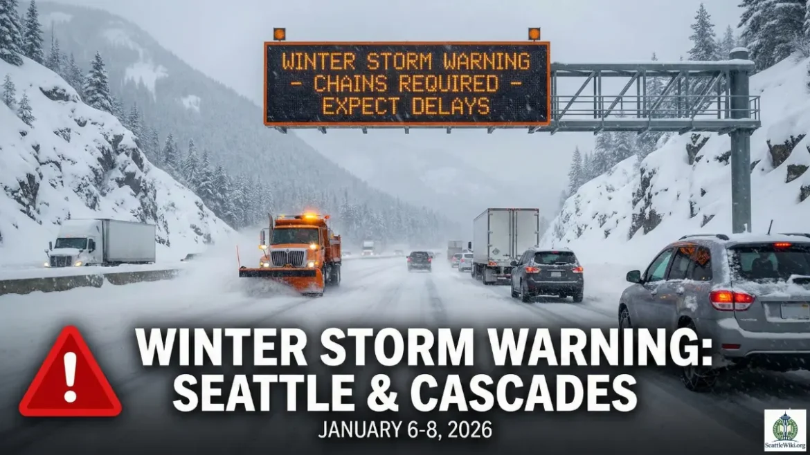 Winter Storm Warning, Seattle Weather, Snoqualmie Pass, Stevens Pass, WSDOT, Snow Forecast, Travel Alert, January 2026, Seattle weather update January 2026, Snoqualmie Pass road conditions, Stevens Pass snow report, Winter Storm Warning Washington, Seattle wind advisory, school closures Seattle today, I-90 chains required, Winter storm warning map Washington state Jan 2026, heavy snow on Snoqualmie Pass I-90 traffic cam, Stevens Pass winter driving conditions, Seattle wind advisory tree damage risk, snow plow clearing highway in Cascades, Mt Baker ski resort fresh powder, car installing tire chains in snow, NWS Seattle urgent weather alert graphic, rain boots and umbrella Seattle weather, infographic of expected snowfall totals Jan 6-8